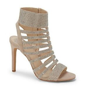 Vince Camuto suede rhinestone embellished cage heels
